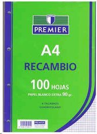 RECAMBIO PREMIER 100HOJAS 90GR CUADRICULADA 4 TALADROS   8424212955194